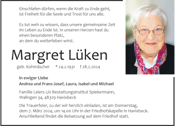 Anzeige von Margret Lüken 