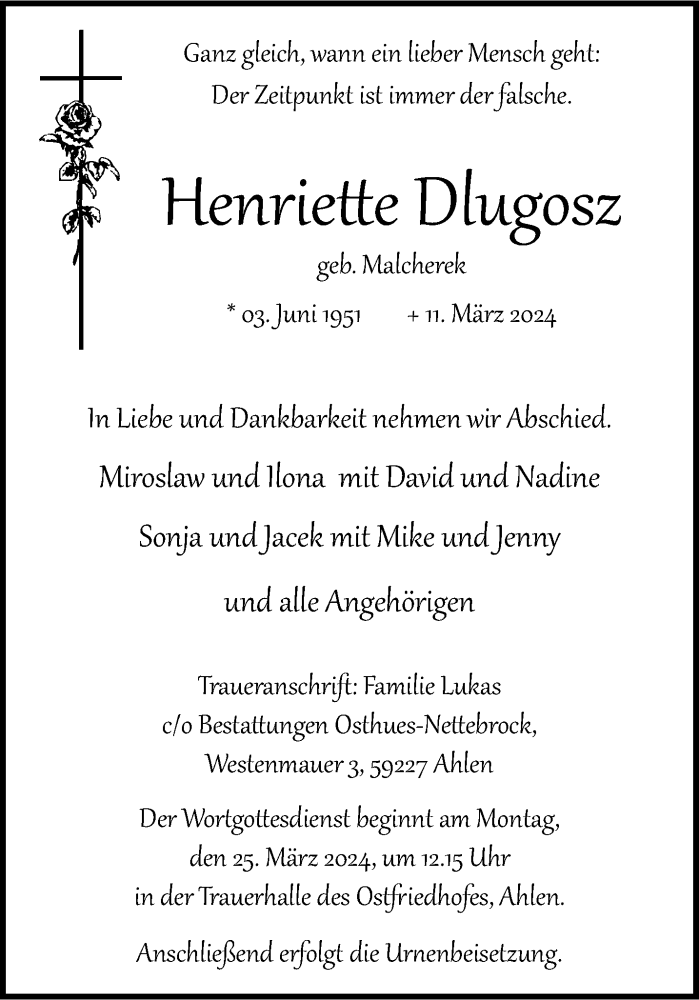  Traueranzeige für Henriette Dlugosz vom 16.03.2024 aus 