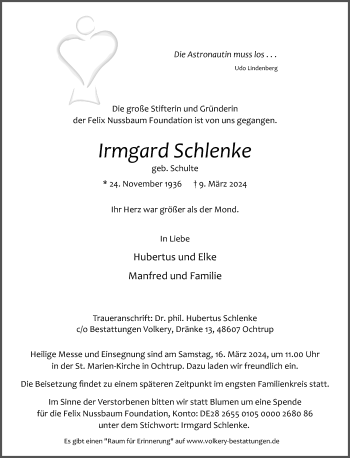 Anzeige von Irmgard Schlenke 