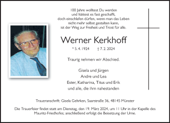 Anzeige von Werner Kerkhoff 