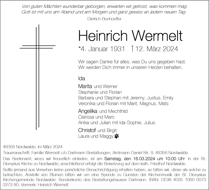  Traueranzeige für Heinrich Wermelt vom 15.03.2024 aus 
