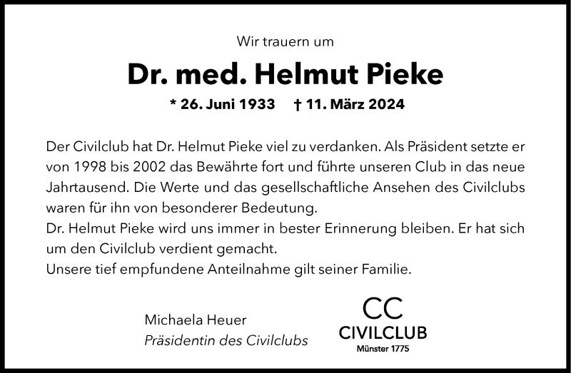  Traueranzeige für Dr. med. Helmut Pieke vom 16.03.2024 aus 