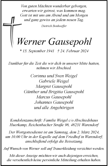 Anzeige von Werner Gausepohl 