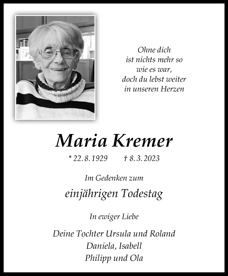  Traueranzeige für Maria Kremer vom 09.03.2024 aus 