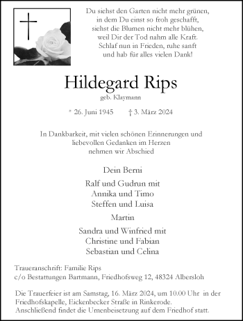 Anzeige von Hildegard Rips 