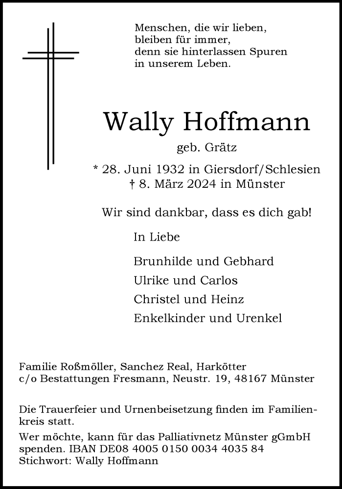  Traueranzeige für Wally Hoffmann vom 14.03.2024 aus 