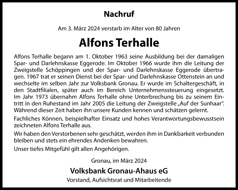  Traueranzeige für Alfons Terhalle vom 12.03.2024 aus 