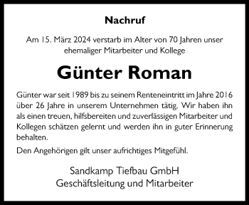 Anzeige von Günter Roman 