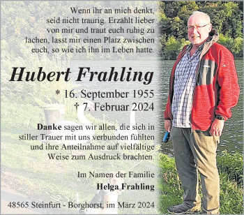 Anzeige von Hubert Frahling 