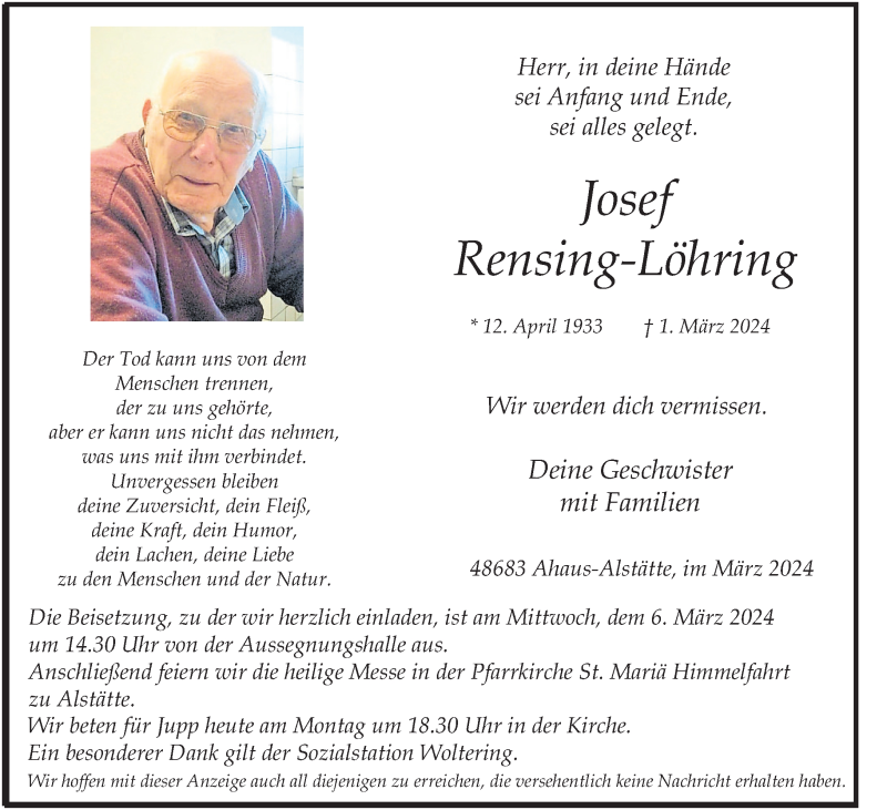  Traueranzeige für Josef Rensing-Löhring vom 04.03.2024 aus 