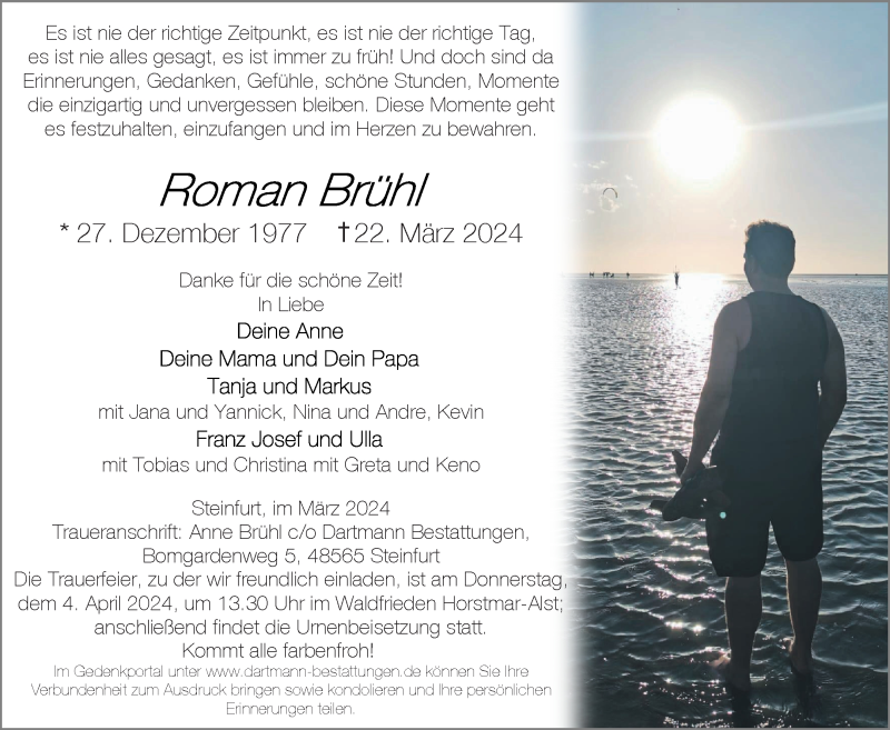  Traueranzeige für Roman Brühl vom 29.03.2024 aus 