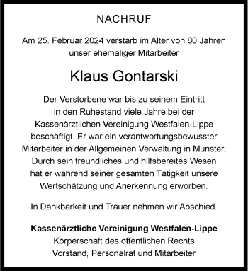 Anzeige von Klaus Gontarski 