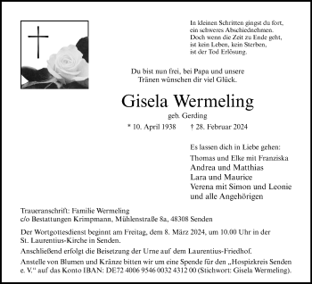 Anzeige von Gisela Wermeling 