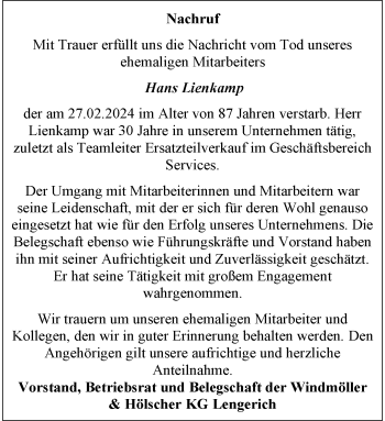 Anzeige von Hans Lienkamp 