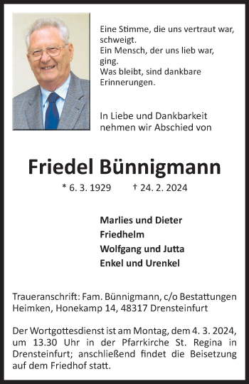 Anzeige von Friedel Bünnigmann 