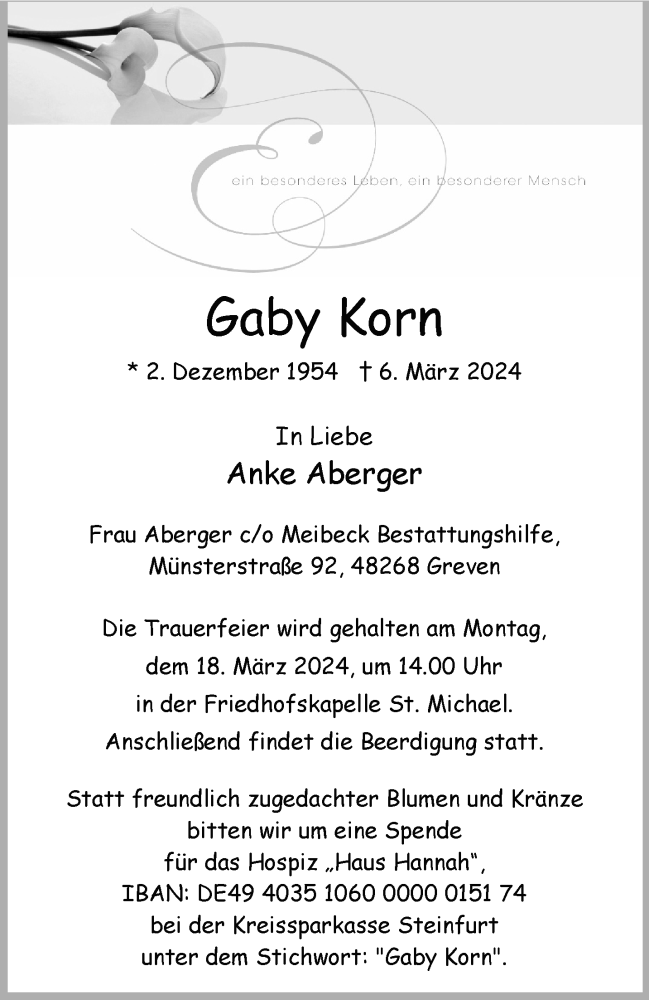  Traueranzeige für Gaby Korn vom 09.03.2024 aus 
