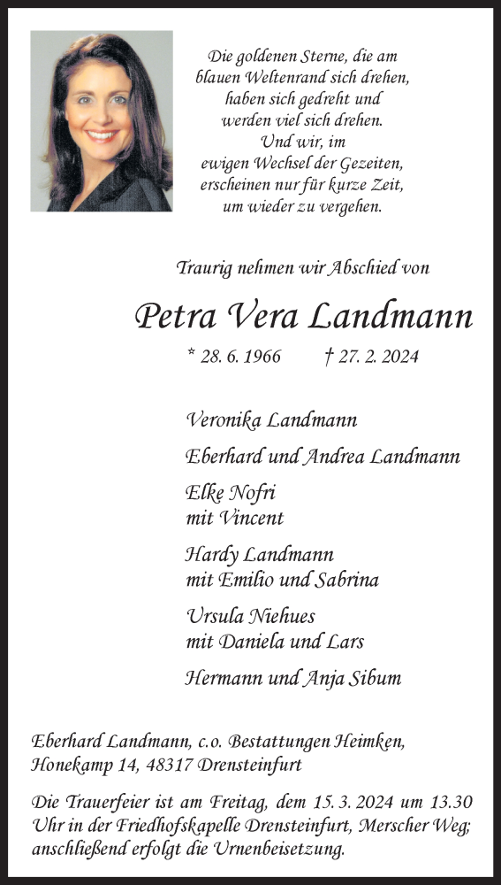  Traueranzeige für Petra Vera Landmann vom 09.03.2024 aus 