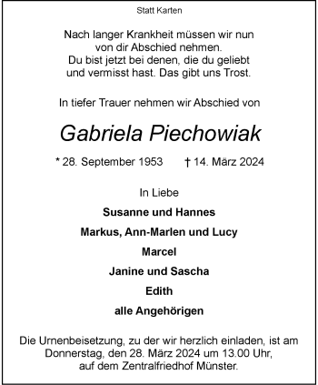 Anzeige von Gabriela Piechowiak 