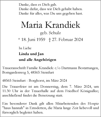 Anzeige von Maria Krandiek 