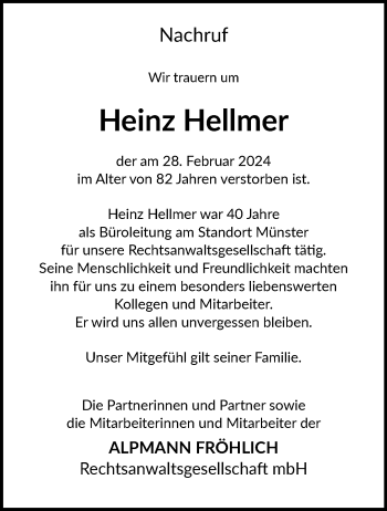 Anzeige von Heinz Hellmer 
