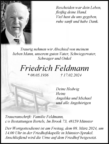 Anzeige von Friedrich Feldmann 