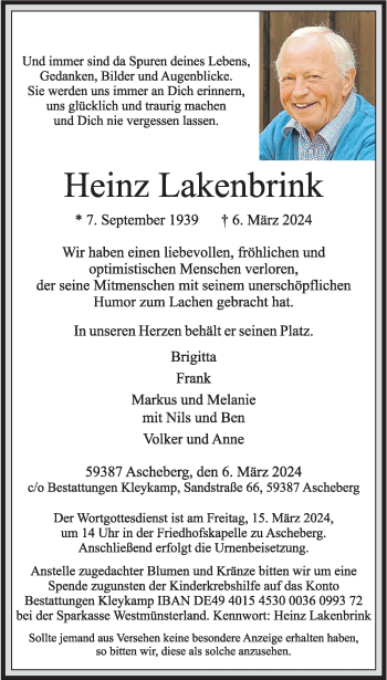 Anzeige von Heinz Lakenbrink 