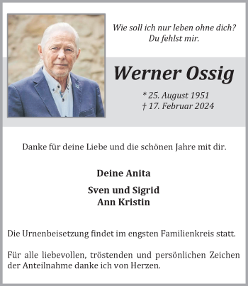 Anzeige von Werner Ossig 