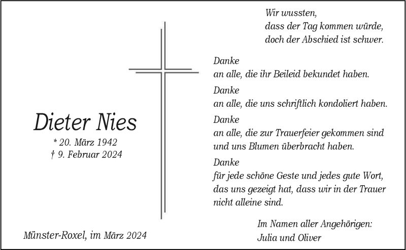  Traueranzeige für Dieter Nies vom 09.03.2024 aus 