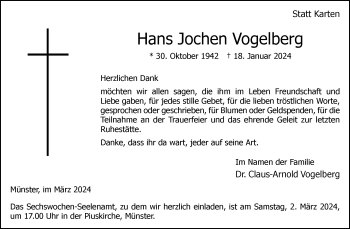 Anzeige von Hans Jochen Vogelberg 