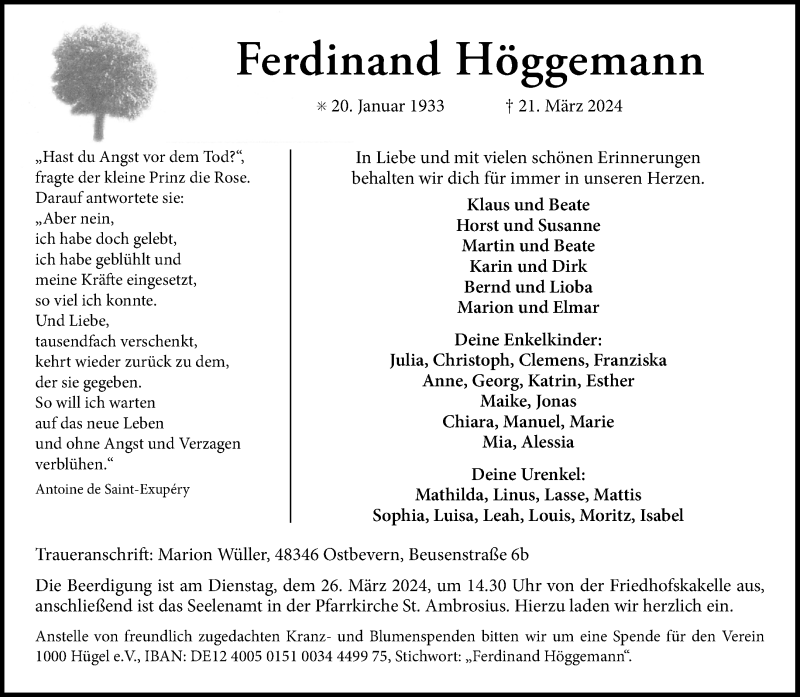  Traueranzeige für Ferdinand Höggemann vom 23.03.2024 aus 