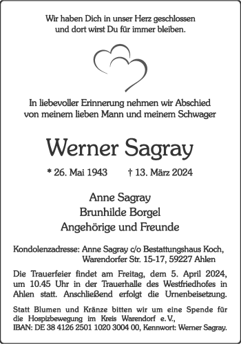 Anzeige von Werner Sagray 