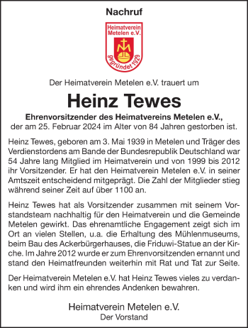 Anzeige von Heinz Tewes 