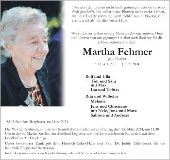 Anzeige von Martha Fehmer 