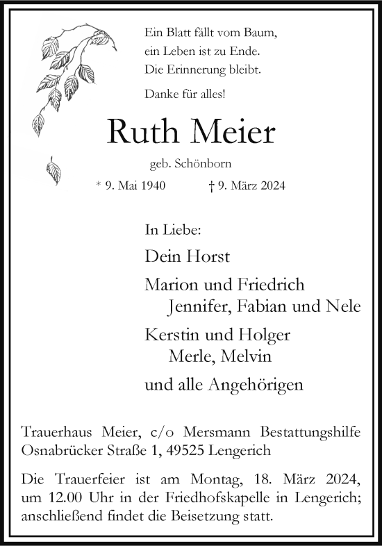 Anzeige von Ruth Meier von Westfälische Nachrichten