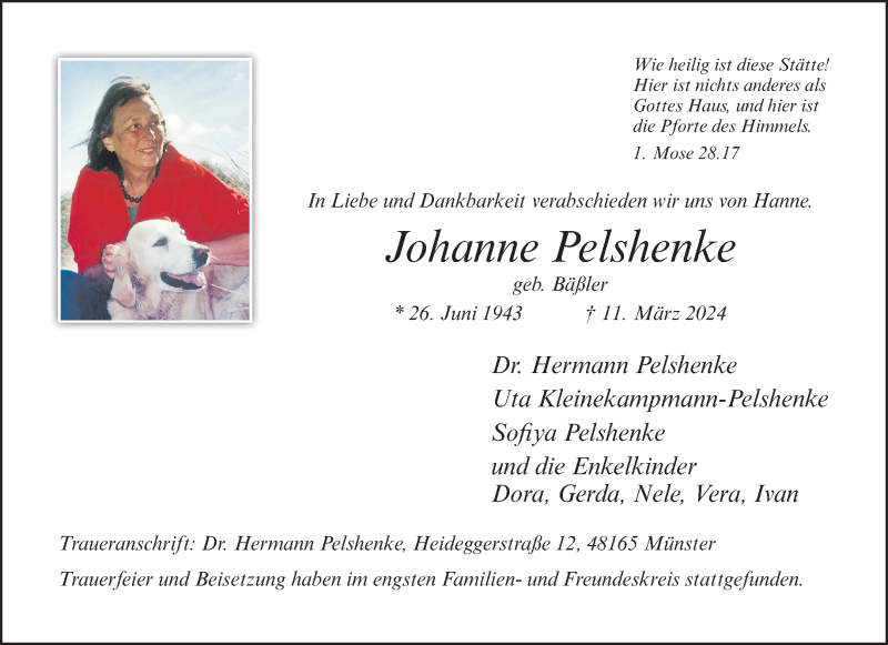  Traueranzeige für Johanne Pelshenke vom 23.03.2024 aus 
