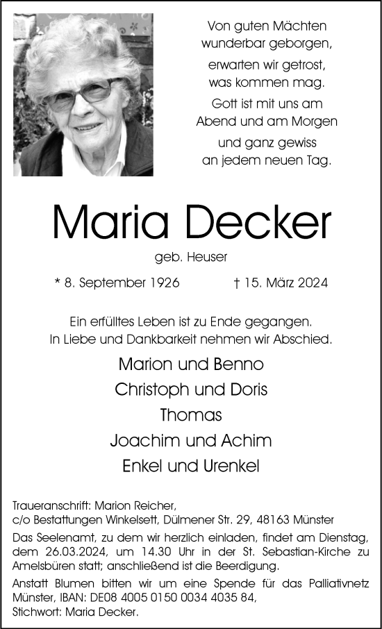 Anzeige von Maria Decker von Westfälische Nachrichten