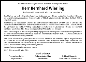 Anzeige von Bernhard Wierling 