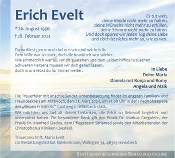 Anzeige von Erich Evelt 