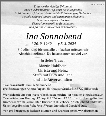 Anzeige von Ina Sonnabend 