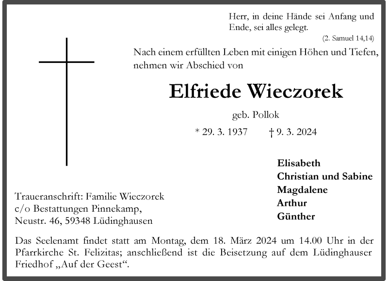  Traueranzeige für Elfriede Wieczorek vom 15.03.2024 aus 