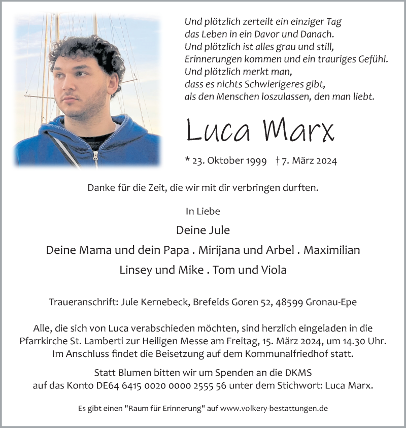  Traueranzeige für Luca Marx vom 12.03.2024 aus 