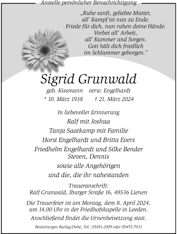 Anzeige von Sigrid Grunwald 