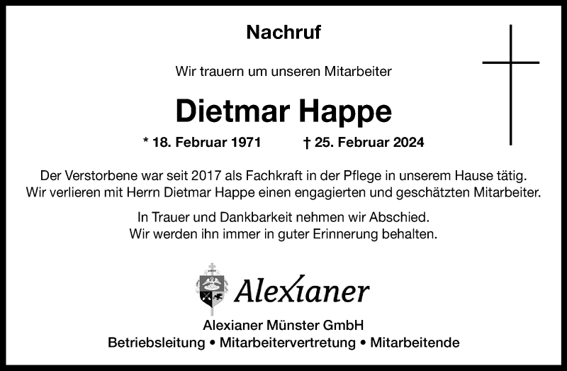  Traueranzeige für Dietmar Happe vom 07.03.2024 aus 