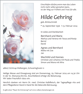 Anzeige von Hilde Gehring 