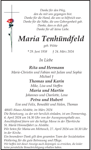 Anzeige von Maria Tenhündfeld 