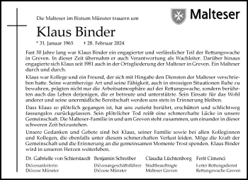 Anzeige von Klaus Binder 