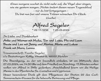 Anzeige von Alfred Segeler 