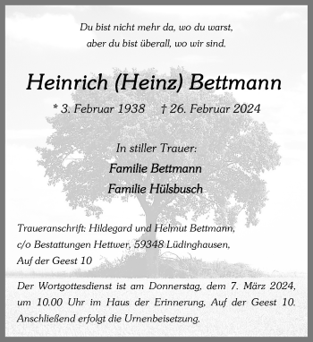 Anzeige von Heinrich Bettmann 