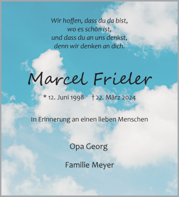 Anzeige von Marcel Frieler 
