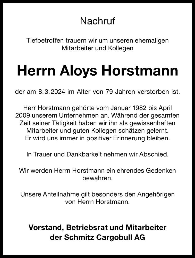 Traueranzeige für Aloys Horstmann vom 22.03.2024 aus 